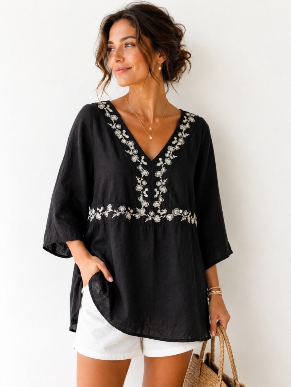 Sag Harbor Linen-Blend Black Tunic Top Blouse Black White Floral Embroidery, XL